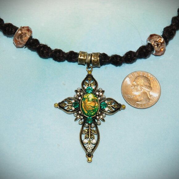 Gold Toned Faceted Oval Dichroic Gold Toned Cross on a handmade Black Hemp Chain - Picture 5 of 7